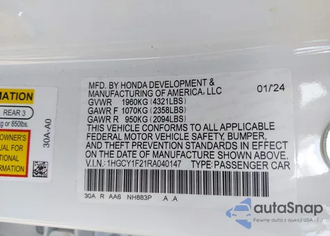 2024 Honda Accord Lx z USA, uszkodzony, nr VIN 1HGCY1F21RA040147
